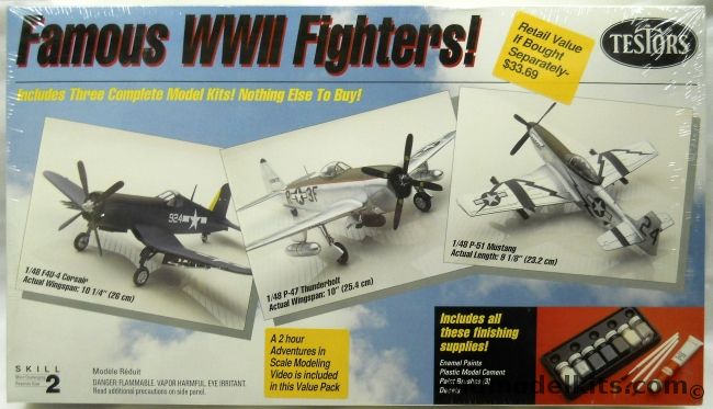 Testors 1/48 Famous WWII Fighters / F4U-4 Corsair / P-51D Mustang P-47 Thunderbolt - With Paint / Glue / Modeling Video, 4053 plastic model kit