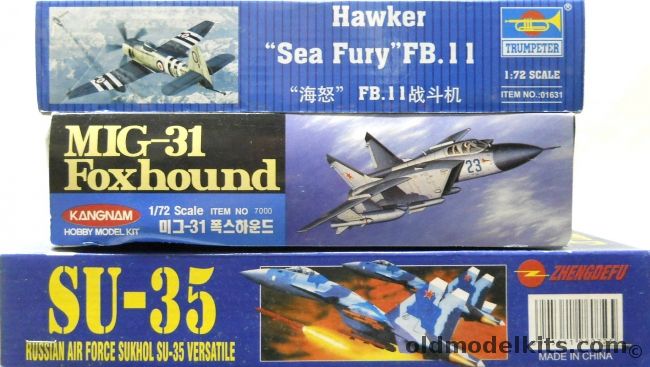 Trumpeter 1/48 Hawker Sea Fury FB.11 / Kangnam Mig-31 Foxhound / Zhengdefu Su-35, 01631 plastic model kit