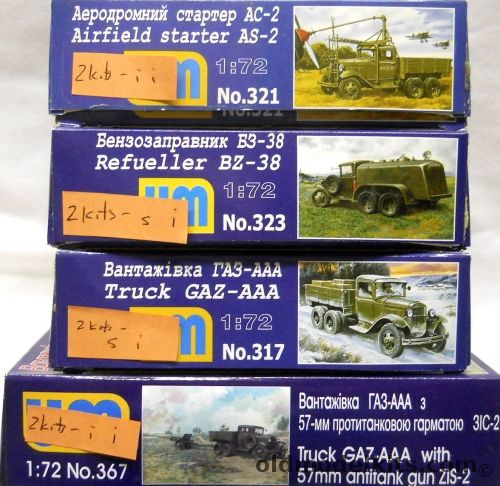 UM Models 1/72 TWO AS-2 Airfield Starter / TWO BZ-38 Refueller Trucks / TWO GAZ-AAA Trucks / TWO GAZ-AAA With 57mm Anti-Tank Gun ZIS-2, 321 plastic model kit