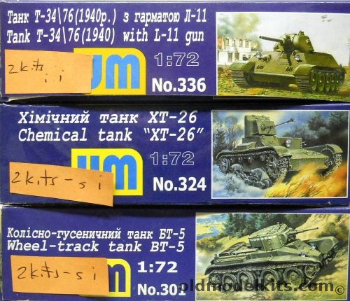 UM Models 1/72 TWO T-34/76 With L-11 Gun / TWO XT-26 Chemical Tanks / TWO BT-5 Wheel-Track Tanks, 336 plastic model kit