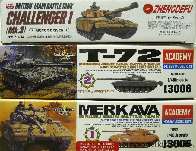 Zhengdefu 1/48 Challenger 1 Tank Motorized And Academy T-72 And Merkava, DF518 plastic model kit